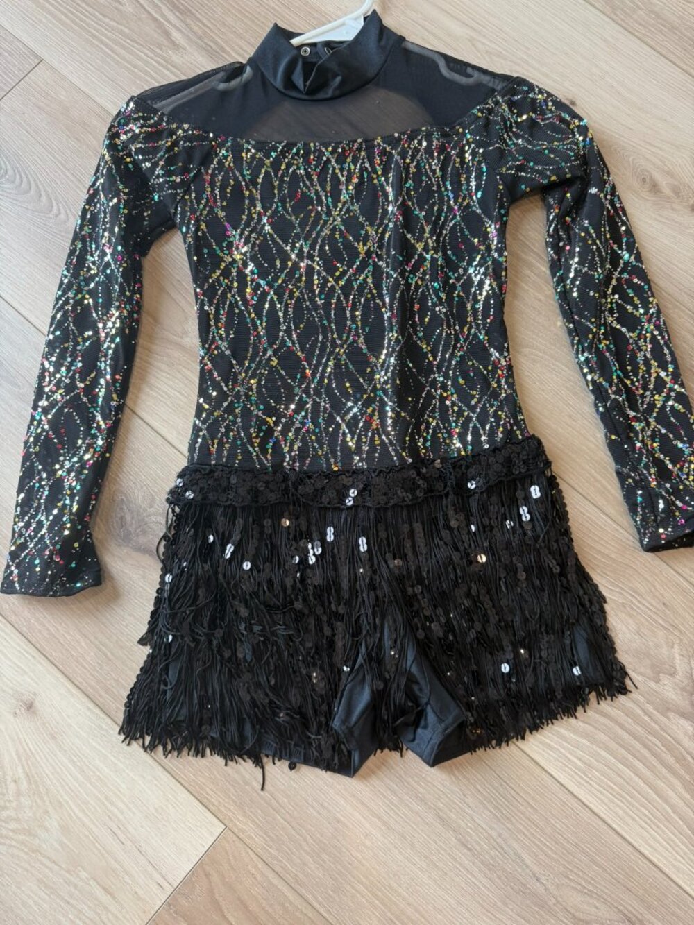 Black Holographic Multi-Color Sequin Fringe Jazz Tap Dance Costume LARGE CHILD